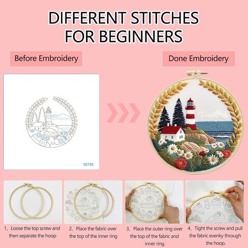 Zhenqing Lighthouse Embroidery Kit for Beginners, Pre-Printed 29x29cm Fabric with 20cm Hoop & Threads, Coastal Lighthouse Scene for Home Decor(C0195) in Kuwait