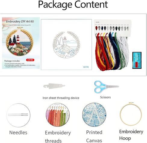 Zhenqing Lighthouse Embroidery Kit for Beginners, Pre-Printed 29x29cm Fabric with 20cm Hoop & Threads, Coastal Lighthouse Scene for Home Decor(C0195) in Kuwait