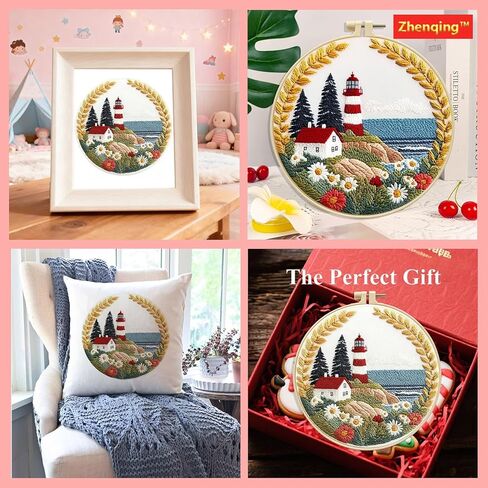 Zhenqing Lighthouse Embroidery Kit for Beginners, Pre-Printed 29x29cm Fabric with 20cm Hoop & Threads, Coastal Lighthouse Scene for Home Decor(C0195) in Kuwait