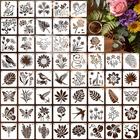 56 templates of Flower and Bird Style Paintings with Storage Rings, 4 Inch Reusable Parent-Child Stencils, Spring Garden - Natural Style, Suitable for Painting, Spraying and Decorating in Kuwait