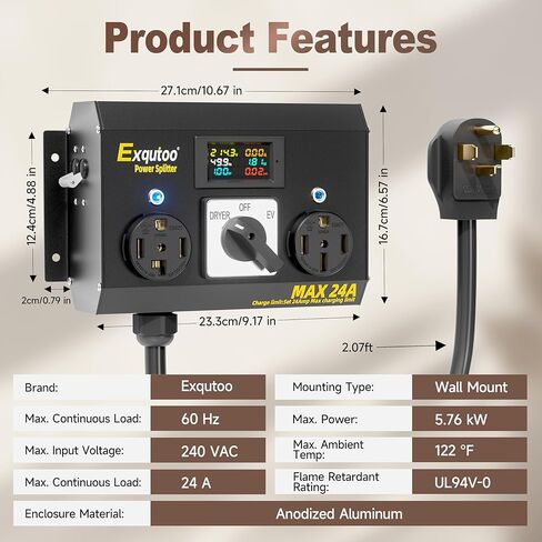 مفتاح فاصل يدوي Exqutoo مع حاوية معدنية، NEMA 14-30P إلى 14-30R و14-50R مفتاح شحن مع قواطع، شديد التحمل للمركبات الكهربائية والأفران وغسالات الأطباق، 120/240VAC in Kuwait