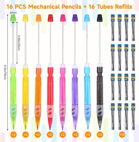 16Pcs Beadable Mechanical Pencils Bulk, Include 16 Beaded Mini Mechanical Pencil with 16 Lead Refills, Beadable Pencils with Silicone Hand Guard for Writing Drawing Sketching DIY Crafting (8 Colors) in Kuwait