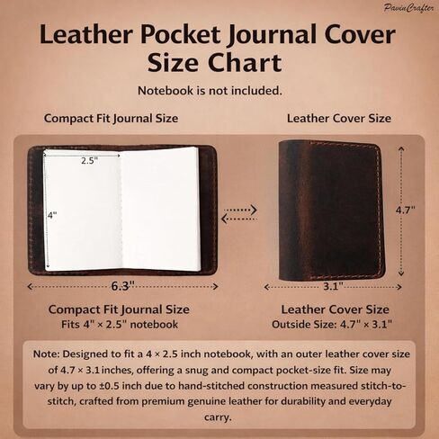 Leather Journal Cover for 2.5 x 4 Inches Pocket Notebooks – Handmade Refillable Mini Notebook Cover – Compatible with Outus, Qeeenar & Similar Small Journals, Travel Memo Pads & Pocket Diaries in Saudi Arabia