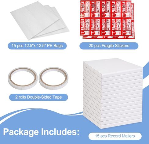 15 Sets Vinyl Record Mailers, 12.5" X 12.5" x 1" LP Shipping Mailer Boxes, White Vinyl Record Shipping Boxes with Foam Pouches, Fragile Stickers in Saudi Arabia