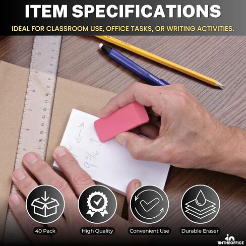 1InTheOffice Pink Bevel Eraser, Block Erasers, Slanted-Edge Rectangular Block, Large, 40 Pack in Kuwait