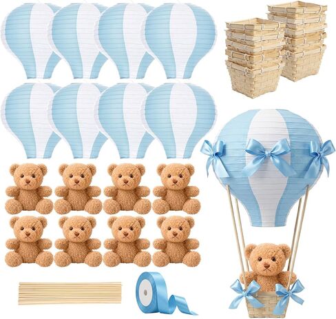 Meooeck 8 Sets Bear Table Centerpieces for Baby Shower Hot Air Balloon Party Decorations DIY Paper Lanterns Stuffed Bears Woven Baskets Ribbon with Sticks for Gender Reveal Birthday Wedding (Blue) in Kuwait