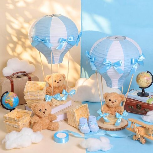 Meooeck 8 Sets Bear Table Centerpieces for Baby Shower Hot Air Balloon Party Decorations DIY Paper Lanterns Stuffed Bears Woven Baskets Ribbon with Sticks for Gender Reveal Birthday Wedding (Blue) in Kuwait