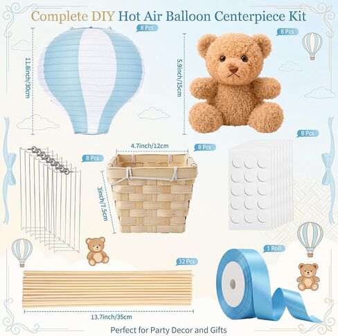 Meooeck 8 Sets Bear Table Centerpieces for Baby Shower Hot Air Balloon Party Decorations DIY Paper Lanterns Stuffed Bears Woven Baskets Ribbon with Sticks for Gender Reveal Birthday Wedding (Blue) in Kuwait