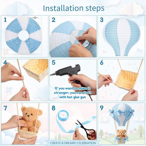 Meooeck 8 Sets Bear Table Centerpieces for Baby Shower Hot Air Balloon Party Decorations DIY Paper Lanterns Stuffed Bears Woven Baskets Ribbon with Sticks for Gender Reveal Birthday Wedding (Blue) in Kuwait