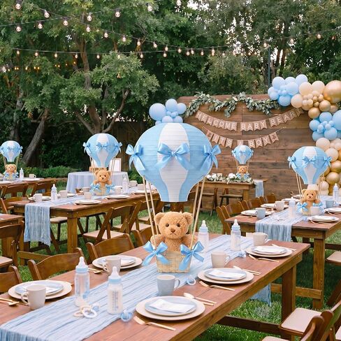 Meooeck 8 Sets Bear Table Centerpieces for Baby Shower Hot Air Balloon Party Decorations DIY Paper Lanterns Stuffed Bears Woven Baskets Ribbon with Sticks for Gender Reveal Birthday Wedding (Blue) in Kuwait