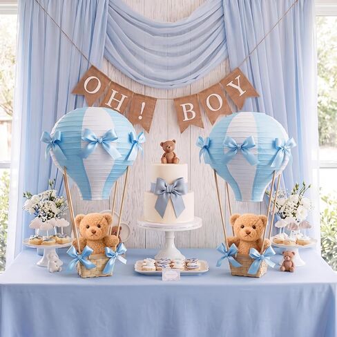 Meooeck 8 Sets Bear Table Centerpieces for Baby Shower Hot Air Balloon Party Decorations DIY Paper Lanterns Stuffed Bears Woven Baskets Ribbon with Sticks for Gender Reveal Birthday Wedding (Blue) in Kuwait