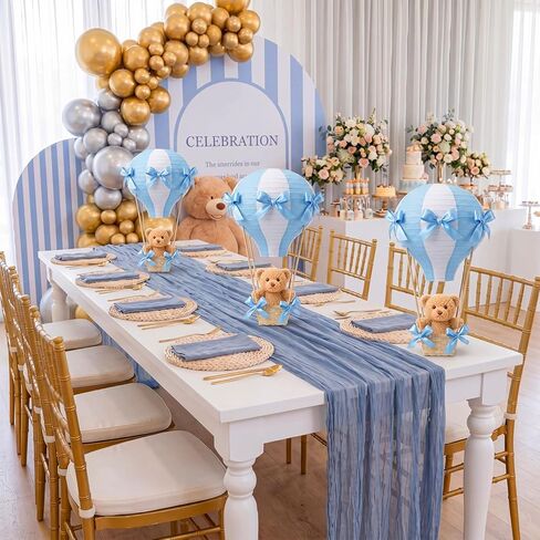 Meooeck 8 Sets Bear Table Centerpieces for Baby Shower Hot Air Balloon Party Decorations DIY Paper Lanterns Stuffed Bears Woven Baskets Ribbon with Sticks for Gender Reveal Birthday Wedding (Blue) in Kuwait