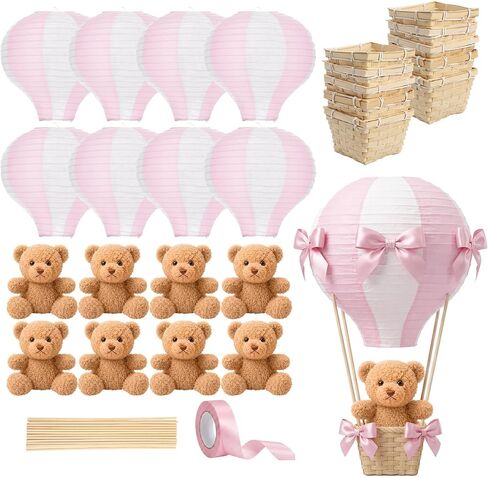 Meooeck 8 Sets Bear Table Centerpieces for Baby Shower Hot Air Balloon Party Decorations DIY Paper Lanterns Stuffed Bears Woven Baskets Ribbon with Sticks for Gender Reveal Birthday Wedding (Blue) in Kuwait