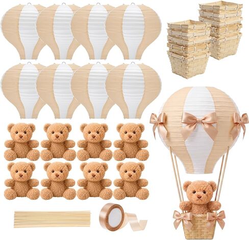 Meooeck 8 Sets Bear Table Centerpieces for Baby Shower Hot Air Balloon Party Decorations DIY Paper Lanterns Stuffed Bears Woven Baskets Ribbon with Sticks for Gender Reveal Birthday Wedding (Blue) in Kuwait