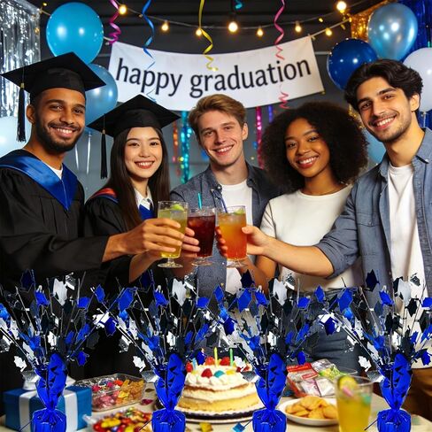 FUBININA 6 Pcs 2026 Graduation Table Centerpiece Party Decoration Metallic Gleam ’N Foil Spray Table Decor Burst Glitter Grad Caps Tabletop Centerpiece Graduation Party Favor, Blue Silver Black in Saudi Arabia