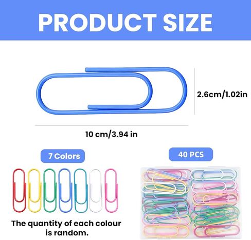 40 Pack 4 Inches Jumbo Paper Clips,Super Large Paperclips Colored,Vinyl Coated Multicolored Extra Clips,Paperclips Paperwork Ideal for Home School Office (7 Color) in Saudi Arabia