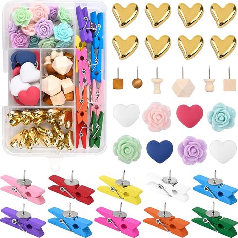 66 PCS Decorative Push Pins Colorful & Gold Heart,Cute Flower Thumb Tacks and Push Pin Clips for Cork Board Wall Cubicle Accessories Home Office in Saudi Arabia