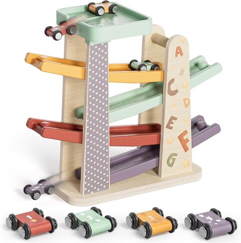 TOPBRIGHT Baby Toys for 1 Year Old Boy Gifts, Wooden Car Ramp Race Track Set, Car Toys for Toddlers with 4 Cars and a Garage, Montessori Toys for 1 Year Old Boy Girl, Birthday Gift for Age 12+ Month in Saudi Arabia