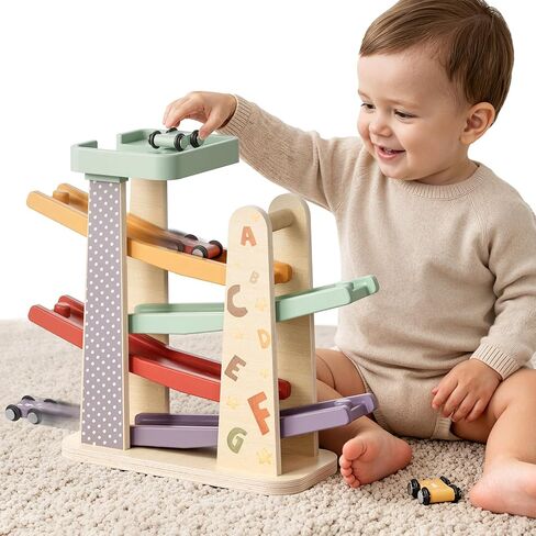 TOPBRIGHT Baby Toys for 1 Year Old Boy Gifts, Wooden Car Ramp Race Track Set, Car Toys for Toddlers with 4 Cars and a Garage, Montessori Toys for 1 Year Old Boy Girl, Birthday Gift for Age 12+ Month in Saudi Arabia