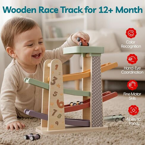 TOPBRIGHT Baby Toys for 1 Year Old Boy Gifts, Wooden Car Ramp Race Track Set, Car Toys for Toddlers with 4 Cars and a Garage, Montessori Toys for 1 Year Old Boy Girl, Birthday Gift for Age 12+ Month in Saudi Arabia
