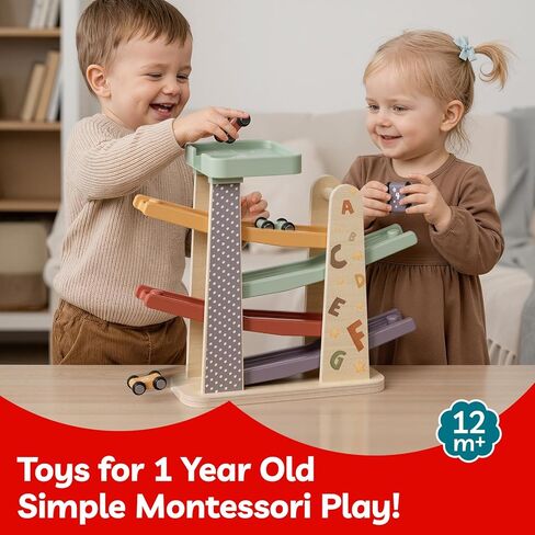 TOPBRIGHT Baby Toys for 1 Year Old Boy Gifts, Wooden Car Ramp Race Track Set, Car Toys for Toddlers with 4 Cars and a Garage, Montessori Toys for 1 Year Old Boy Girl, Birthday Gift for Age 12+ Month in Saudi Arabia