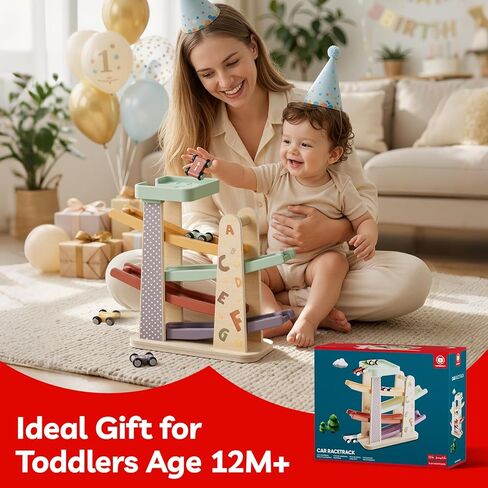 TOPBRIGHT Baby Toys for 1 Year Old Boy Gifts, Wooden Car Ramp Race Track Set, Car Toys for Toddlers with 4 Cars and a Garage, Montessori Toys for 1 Year Old Boy Girl, Birthday Gift for Age 12+ Month in Saudi Arabia