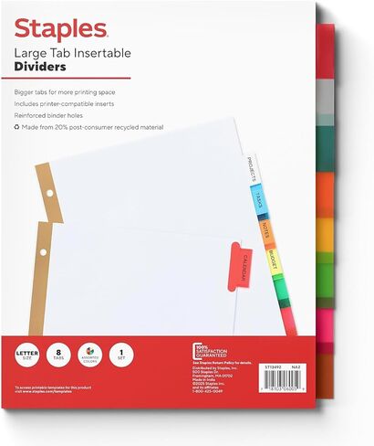 فواصل قابلة للإدراج من Staples Big Tab، 8 علامات تبويب - فواصل ورقية شفافة لسهولة التنظيم in Kuwait