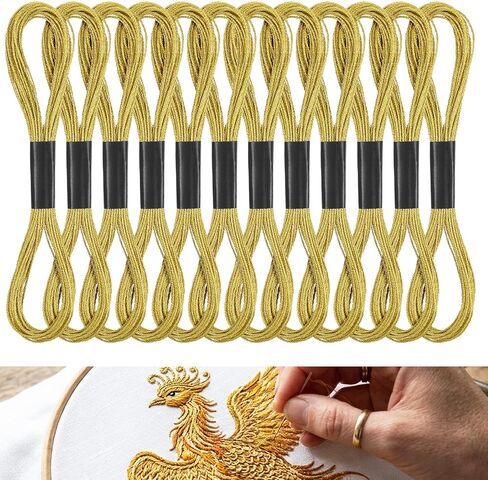 TIESOME 12 Skeins Metallic Embroidery Floss, Gold Embroidery Floss, Shiny Polyester Thread for Embroiderys, Cross Stitch, Friendship Bracelets, Sewing Crafts in Kuwait