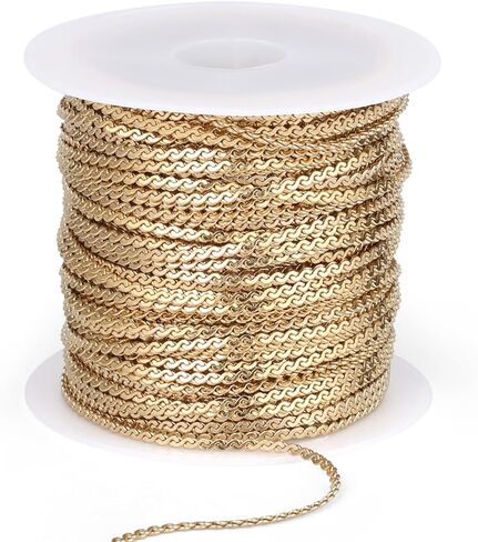 33 FT Gold Flat Snake Chains Roll, 1.5mm 18K Gold PVD Plated 304 Stainless Steel Small S Link Chains Bulk Spool for Jewelry Making DIY Craft in Kuwait