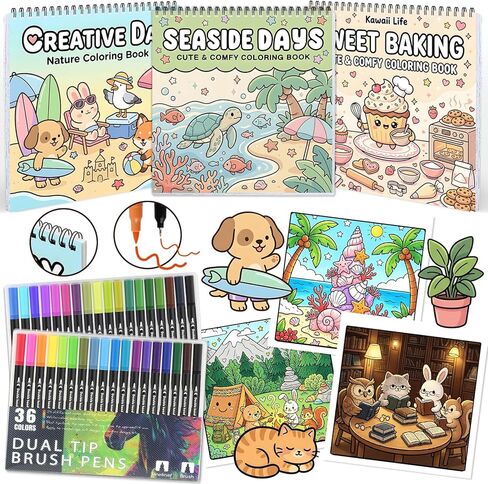 3Pack Adult Coloring Books With Markers - Spiral Bound Stress Relief Art Kit - Arts and Crafts Gifts for Women - 72 Simple & Cute Patterns(Sweet & Seaside & Creative 36 Markers Set) in Saudi Arabia