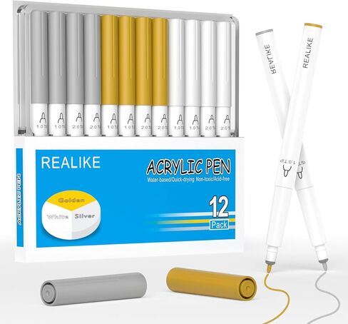أقلام طلاء أكريليك REALIKE لصانع Cricut 4/ صانع 3/صانع/استكشاف 4/3/Air 2/Air، أقلام طلاء أكريليك بيضاء وذهبية وفضية للصخور والورق والخشب والقماش والزجاج والسيراميك والنسيج (1.0 و2.0 نصيحة) in Kuwait