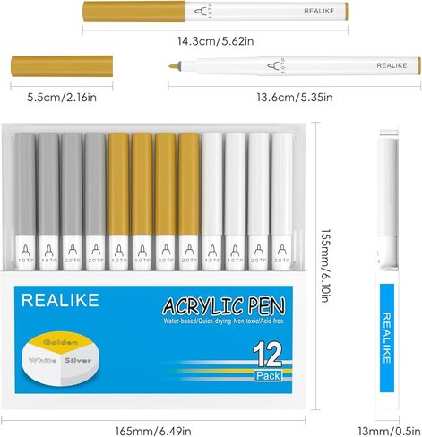 أقلام طلاء أكريليك REALIKE لصانع Cricut 4/ صانع 3/صانع/استكشاف 4/3/Air 2/Air، أقلام طلاء أكريليك بيضاء وذهبية وفضية للصخور والورق والخشب والقماش والزجاج والسيراميك والنسيج (1.0 و2.0 نصيحة) in Kuwait