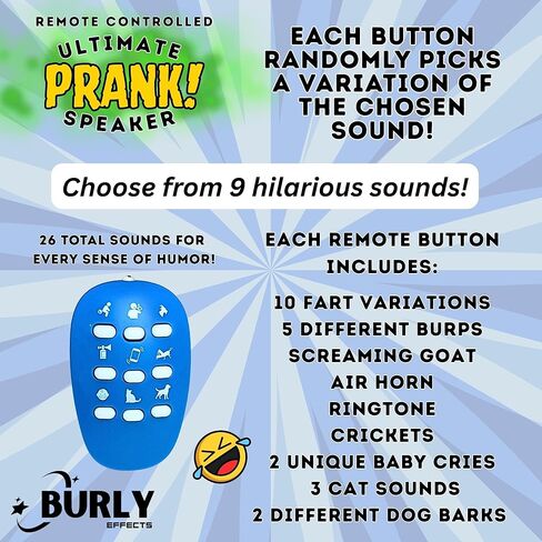 Remote Controlled Sound Prank - Farts, Burps, Screaming Goat, Air Horn, Phone Ringtone, Crickets, Baby Crying, Cat, Dog - 26 Different Realistic Sounds - Wireless in Saudi Arabia