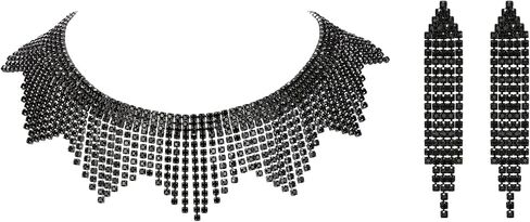 Flyonce Rhinestone Tassel Jewelry Set, Sparkly Crystal Fringe Chain Choker Necklace Chandelier Earrings Set in Saudi Arabia