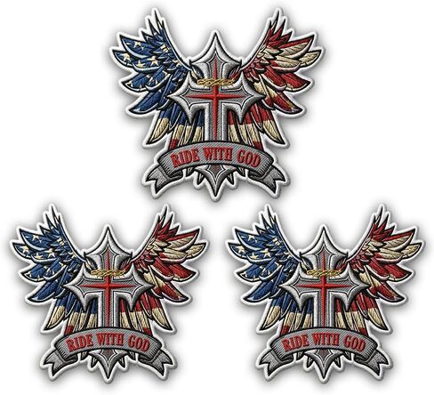 Patriotic Cross Wings Embroidered Patch 3 Pack, 2.5 Inch Christian Biker Style Iron On Sew On Applique, USA Faith Eagle Wing Patch for Jacket, Vest, Backpack in Saudi Arabia