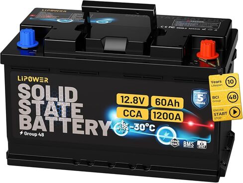 Lipower Group 48 Car Battery, 1200A CCA Solid State Start Stop Car Battery, -30°C Start 12V 60Ah 768Wh 140RC AGM Replacement for 10-Years Lifespan, H6 L3 66L3 Automotive Battery in Saudi Arabia