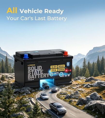 Lipower Group 48 Car Battery, 1200A CCA Solid State Start Stop Car Battery, -30°C Start 12V 60Ah 768Wh 140RC AGM Replacement for 10-Years Lifespan, H6 L3 66L3 Automotive Battery in Saudi Arabia