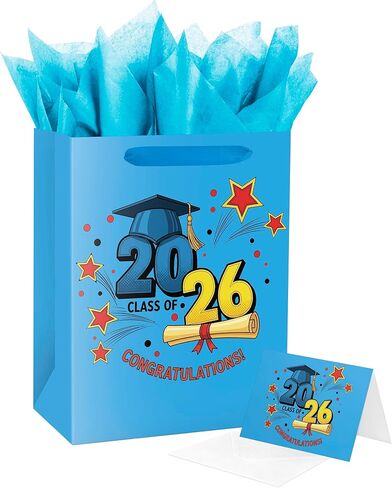 حقيبة هدايا التخرج من Linelglobal مع مناديل ورقية Congrat Grad لزينة التخرج لعام 2026 مقاس 12.6 بوصة باللون الأسود المتوسط in Kuwait