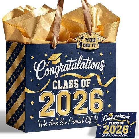 TOTEUSVIA 13" Large Graduation Gift Bag, Blue Gold Congratulations Gift Bags for Class 2026 with Tissue Paper and Greeting Card in Kuwait