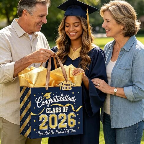 TOTEUSVIA 13" Large Graduation Gift Bag, Blue Gold Congratulations Gift Bags for Class 2026 with Tissue Paper and Greeting Card in Kuwait