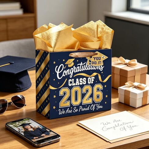 TOTEUSVIA 13" Large Graduation Gift Bag, Blue Gold Congratulations Gift Bags for Class 2026 with Tissue Paper and Greeting Card in Kuwait