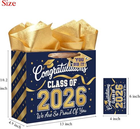 TOTEUSVIA 13" Large Graduation Gift Bag, Blue Gold Congratulations Gift Bags for Class 2026 with Tissue Paper and Greeting Card in Kuwait