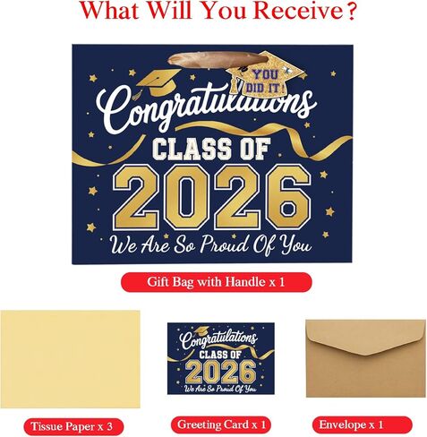 TOTEUSVIA 13" Large Graduation Gift Bag, Blue Gold Congratulations Gift Bags for Class 2026 with Tissue Paper and Greeting Card in Kuwait