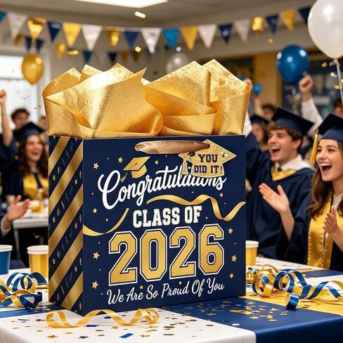 TOTEUSVIA 13" Large Graduation Gift Bag, Blue Gold Congratulations Gift Bags for Class 2026 with Tissue Paper and Greeting Card in Kuwait
