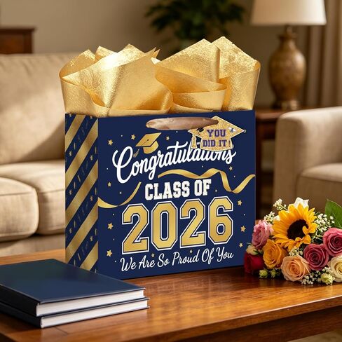TOTEUSVIA 13" Large Graduation Gift Bag, Blue Gold Congratulations Gift Bags for Class 2026 with Tissue Paper and Greeting Card in Kuwait