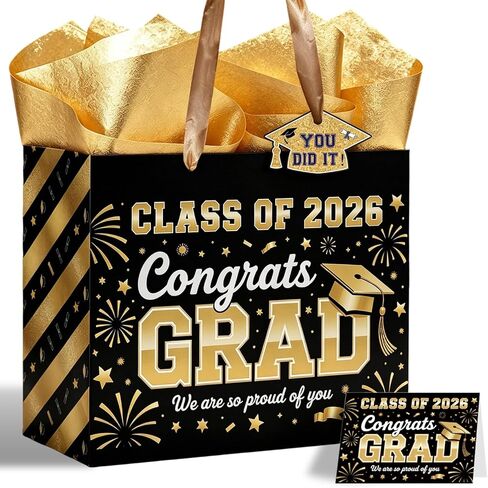 TOTEUSVIA 13" Large Graduation Gift Bag, Blue Gold Congratulations Gift Bags for Class 2026 with Tissue Paper and Greeting Card in Kuwait
