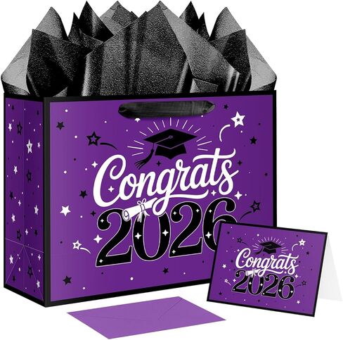 XiaosRen Large Graduation Gift Bag, Congrats 2026 Gift Bag with Tissue Papers and Card for College, Class of 2026 Graduate Party Decor Supplies (Blue Black) in Saudi Arabia