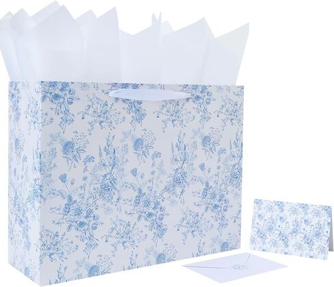 16.5" Extra Large Blue Floral Gift Bag Set with Handles, Greeting Card, White Tissue Papers and Stickers for Women Girls for Birthdays, Valentine's Day, Weddings, Anniversaries, Mother's Day, Flowers Design, 1 Pcs in Kuwait