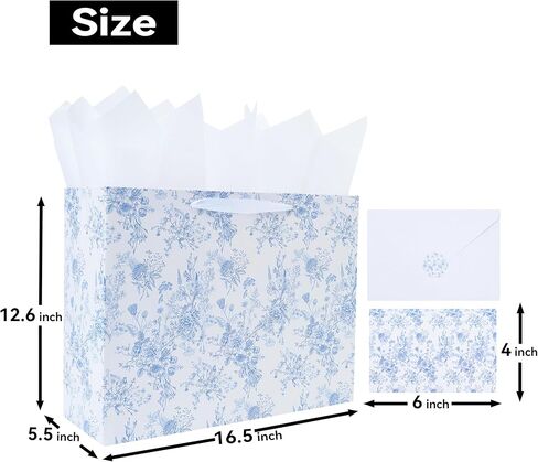 16.5" Extra Large Blue Floral Gift Bag Set with Handles, Greeting Card, White Tissue Papers and Stickers for Women Girls for Birthdays, Valentine's Day, Weddings, Anniversaries, Mother's Day, Flowers Design, 1 Pcs in Kuwait