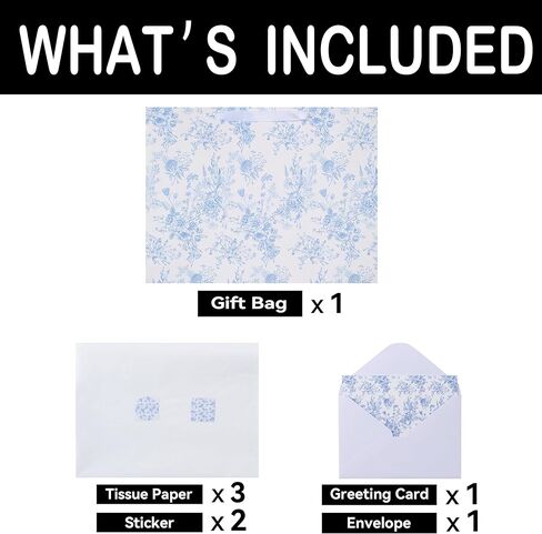 16.5" Extra Large Blue Floral Gift Bag Set with Handles, Greeting Card, White Tissue Papers and Stickers for Women Girls for Birthdays, Valentine's Day, Weddings, Anniversaries, Mother's Day, Flowers Design, 1 Pcs in Kuwait